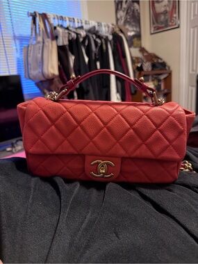 CHANEL Quilted Top Handle Flap Bag in Red with Gold Hardware